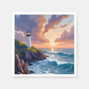 Coastal Lighthouse Sunset   Beach Ocean Painting Napkin