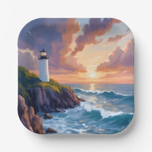 Coastal Lighthouse Sunset   Beach Ocean Painting Paper Plate