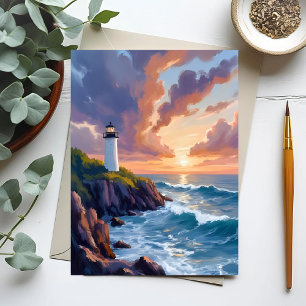 Coastal Lighthouse Sunset   Beach Ocean Painting Postcard