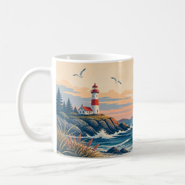 Coastal Lighthouse Sunset Ocean Waves Classic Mug (Left)