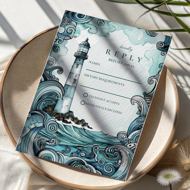 Coastal Lighthouse Wave Wedding RSVP Card (Creator Uploaded)