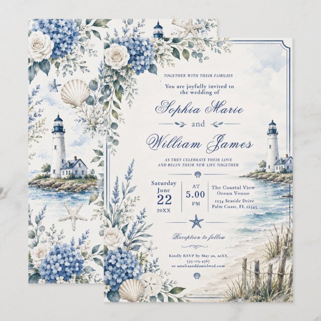 Coastal Lighthouse Wedding Invitation (Front/Back)