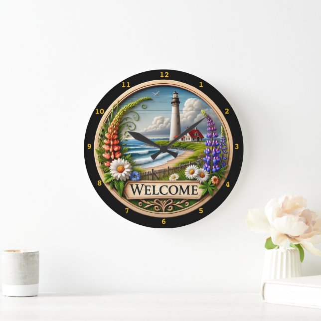 Coastal Lighthouse Welcome Floral Large Clock (Home)