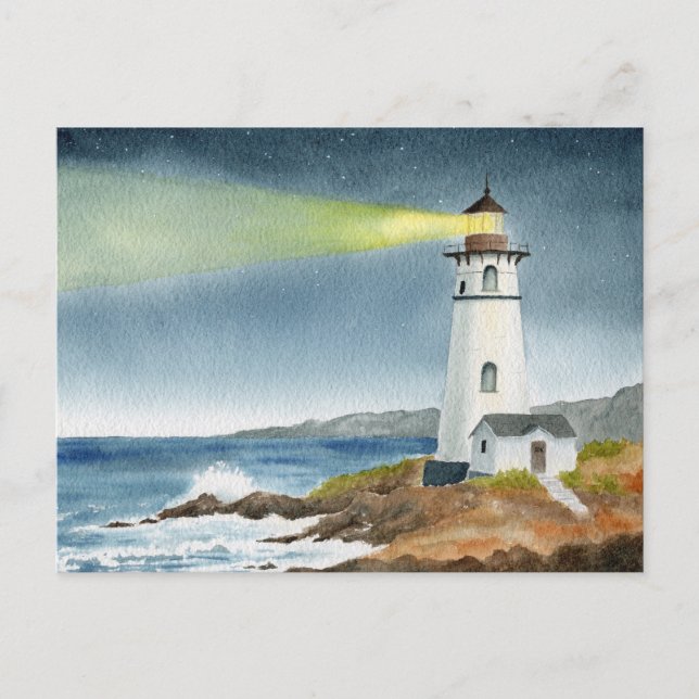 Coastal Lighthouse with Light Beam  Postcard (Front)