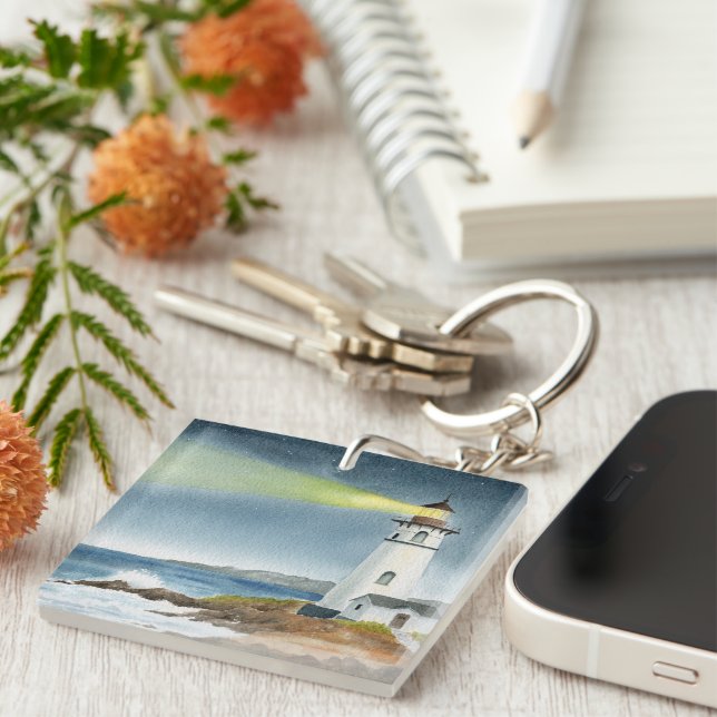 Coastal Lighthouse with Light Beam Postcard Key Ring (Front Right)