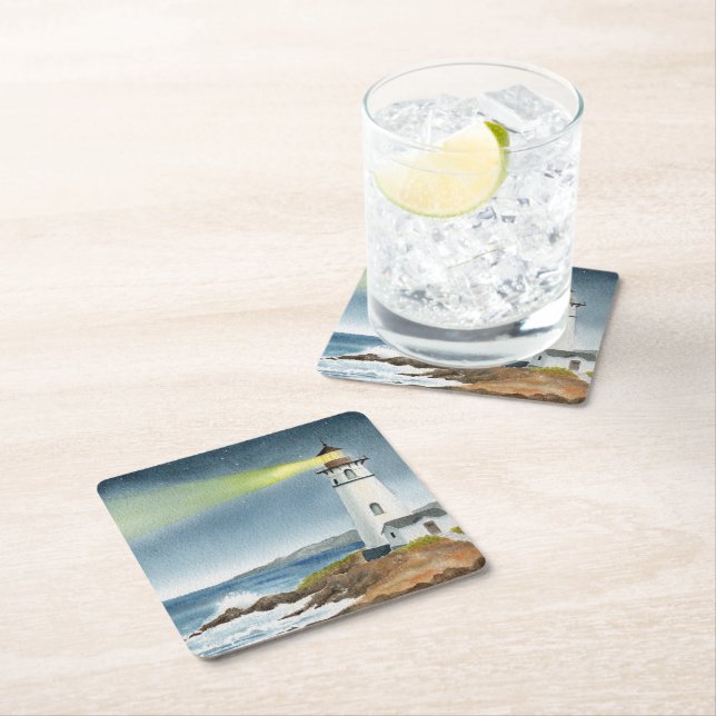 Coastal Lighthouse with Light Beam Square Paper Coaster (Insitu)