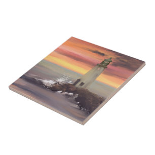 Coastal Lighthouse With Pink And Orange Sky Ceramic Tile