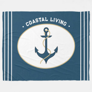 Coastal living Nautical Teal blue Anchor rope  Fleece Blanket