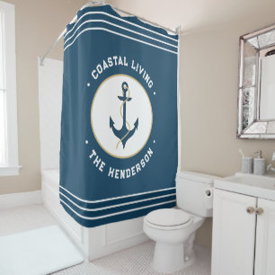Coastal living Nautical Teal blue white Anchor Shower Curtain