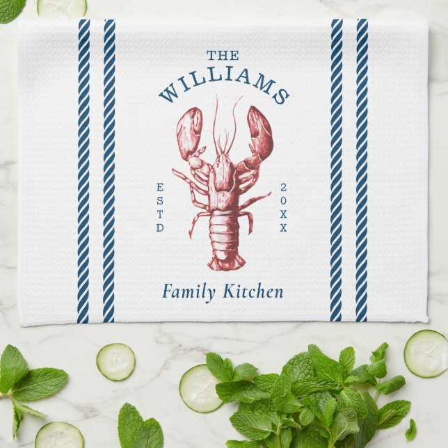 Coastal Lobster Beach House Family Name Tea Towel (Folded)