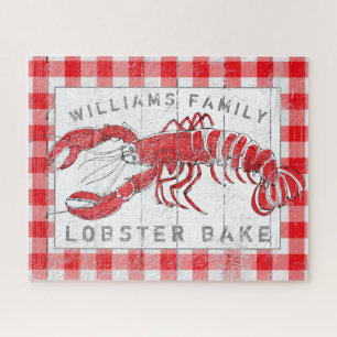 Coastal Lobster Red Buffalo Plaid Family Name Jigsaw Puzzle