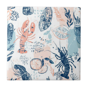 Coastal Lobster Seafood Blue Peach Nautical Ceramic Tile