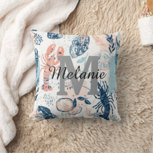 Coastal Lobster Seafood Blue Peach Nautical Cushion
