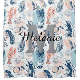 Coastal Lobster Seafood Blue Peach Nautical Shower Curtain