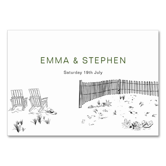 Coastal Love Sandy Beach Minimal Line Art Wedding  Table Number (Back)