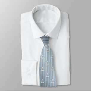 Coastal Marine Sailboats on Blue & White Stripes Tie