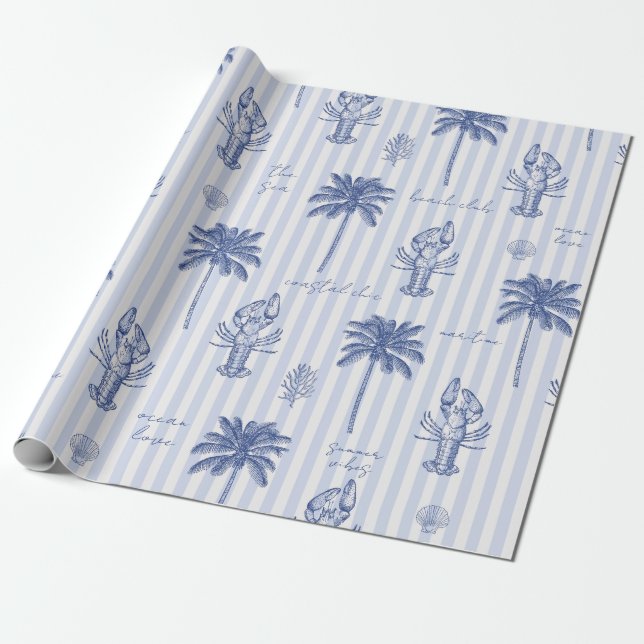 Coastal Maritime Blue Striped Pattern Wrapping Paper (Unrolled)