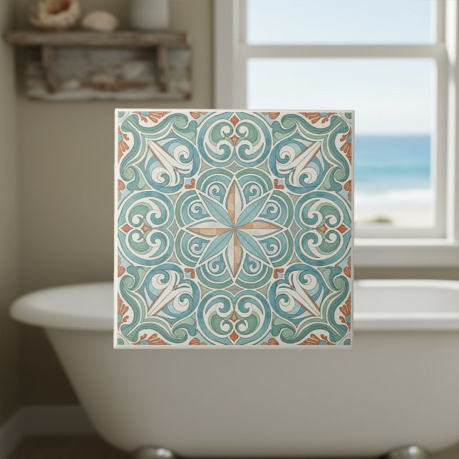 Coastal Mediterranean Pattern Pat#8 Teal ID1195 Ceramic Tile (Creator Uploaded)