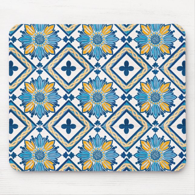 Coastal Mediterranean Tile Floral Pattern Mouse Pad (Front)