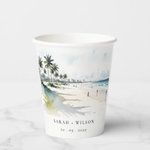 Coastal Miami Beach Palm Tree Watercolor Wedding Paper Cups