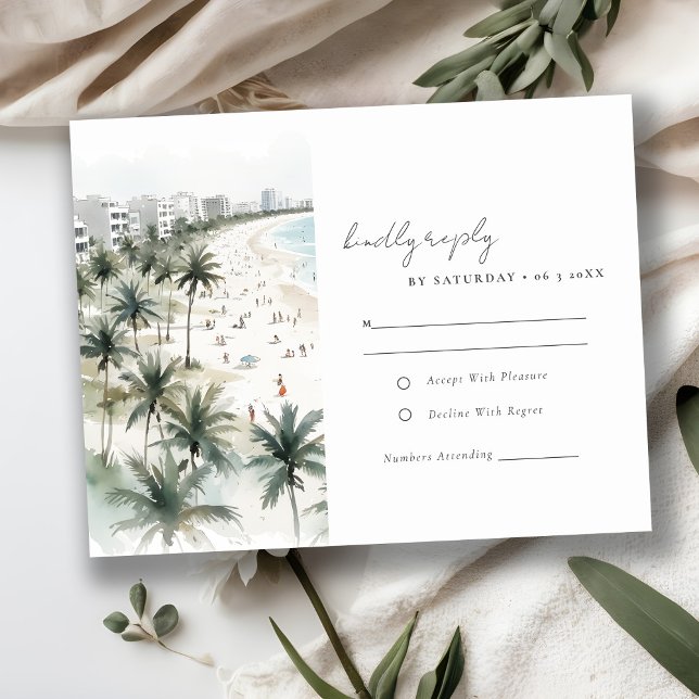 Coastal Miami Beach Palm Tree Watercolor Wedding RSVP Card (Creator Uploaded)