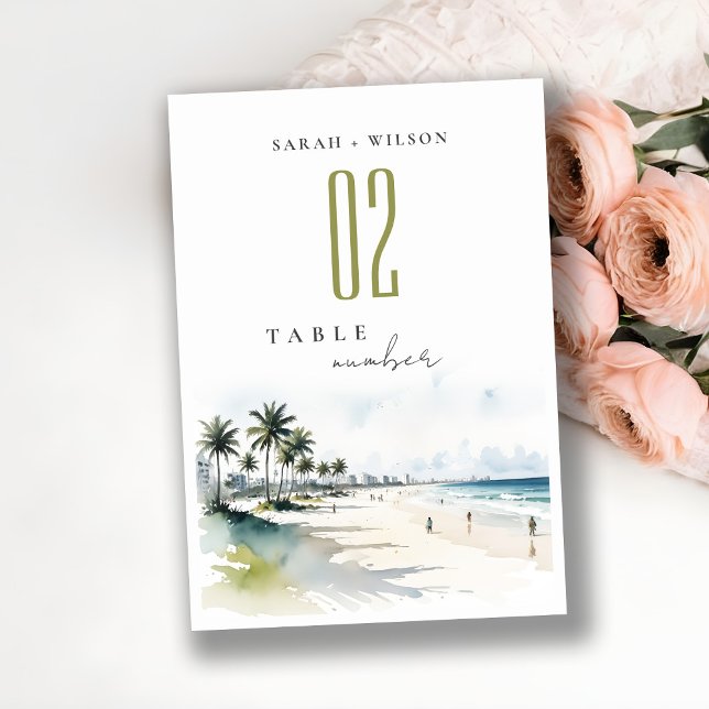 Coastal Miami Beach Palm Tree Watercolor Wedding Table Number (Creator Uploaded)