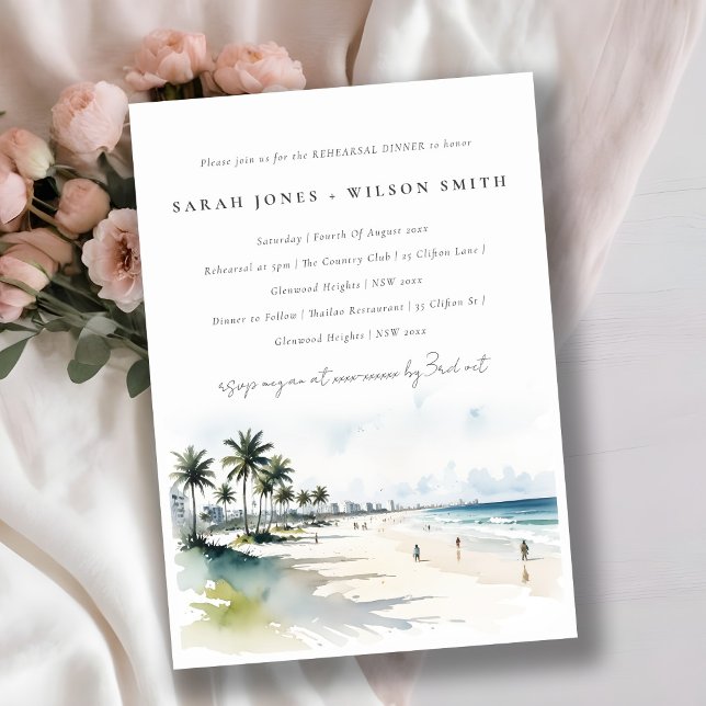 Coastal Miami Beach Palm Trees Rehearsal Dinner Invitation (Creator Uploaded)