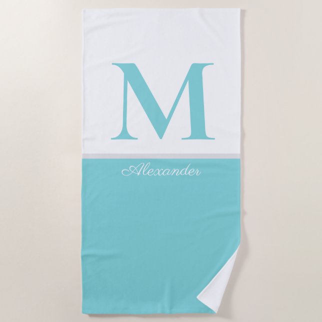 Coastal Modern Blue Teal White Monogram Beach Towel (Front)