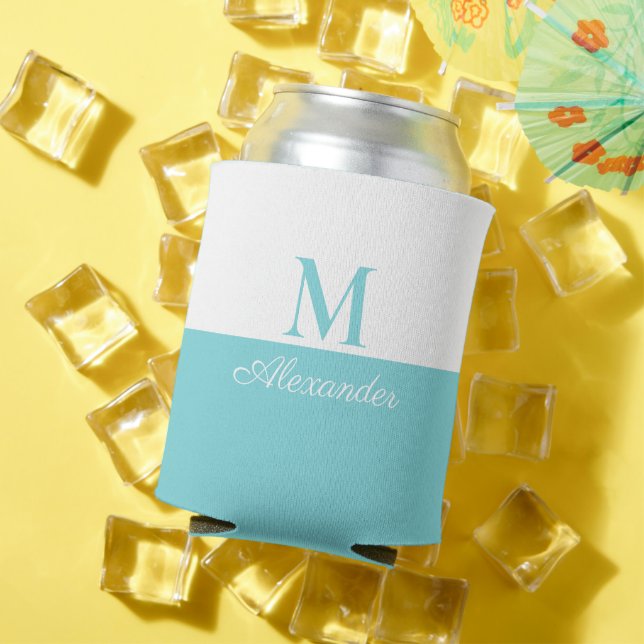 Coastal Modern Blue Teal White Monogram  Can Cooler (In Situ Summer)
