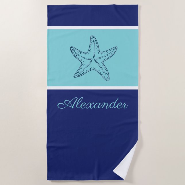 Coastal Modern Navy Blue Teal Monogram Starfish  Beach Towel (Front)