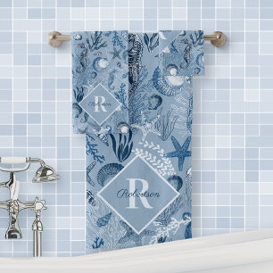 Coastal Monogram Blue Ocean Sea Life Bath Towel Set