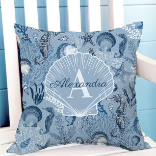 Coastal Monogram Blue Ocean Sea Life Cushion