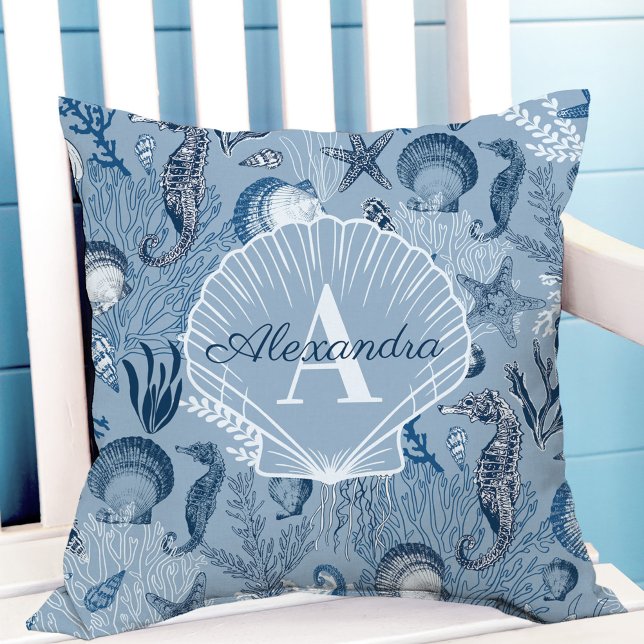 Coastal Monogram Blue Ocean Sea Life Cushion (Creator Uploaded)