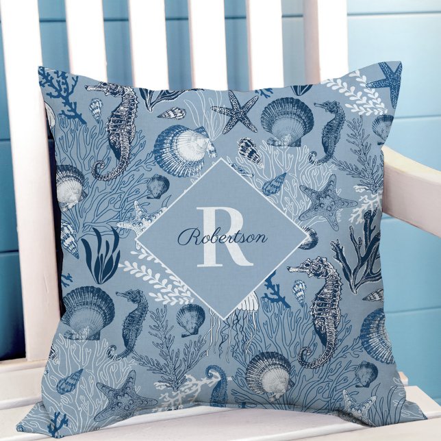 Coastal Monogram Blue Ocean Sea Life Cushion (Creator Uploaded)