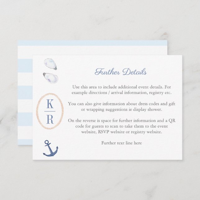 Coastal Monogram Bridal Shower Details QR Code  Enclosure Card (Front/Back)
