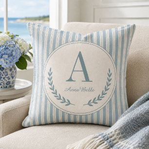 Coastal Monogram Laurel Heirloom Ticking Stripes Cushion