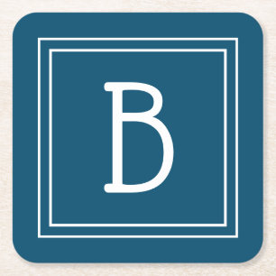 Coastal Monogrammed Ocean Blue & White Initial Square Paper Coaster
