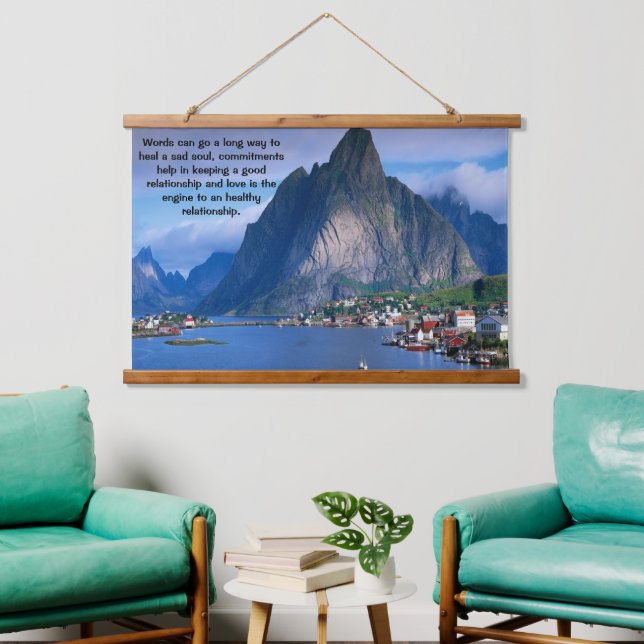 Coastal mountain view with a calm blue sea  hanging tapestry (Living Room)