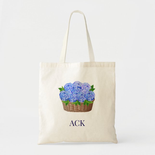 Coastal Nantucket Hydrangea Monogram Tote Bag (Front)