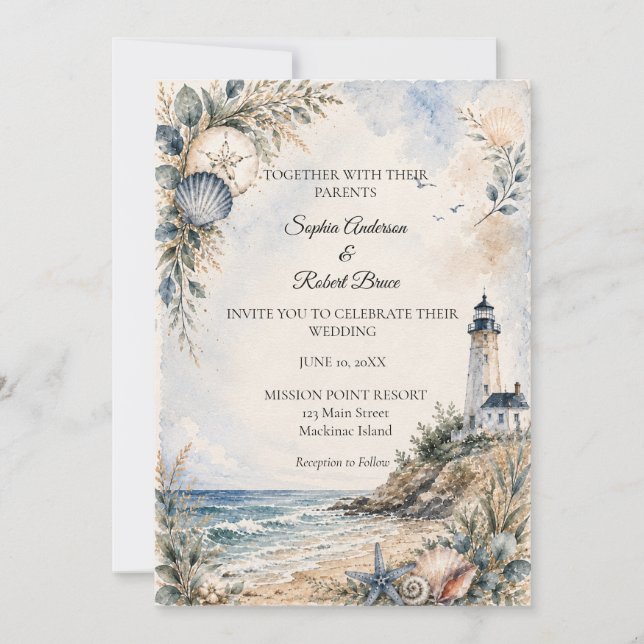 Coastal Nantucket Lighthouse Beach Wedding  Invitation (Front)