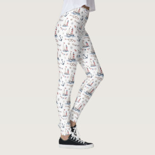 Coastal Nautical 4th of July Sailboats Lighthouse Leggings