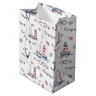 Coastal Nautical 4th of July Sailboats Lighthouse Medium Gift Bag