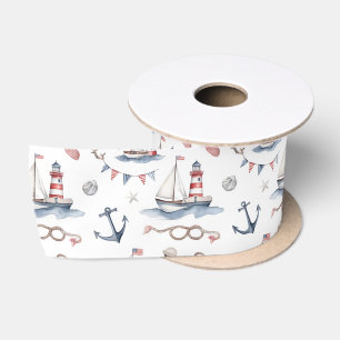 Coastal Nautical 4th of July Sailboats Lighthouse Satin Ribbon