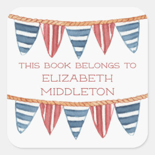Coastal Nautical Beach Flags Bookplate Square Sticker