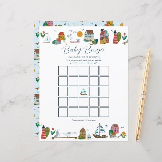Coastal Nautical Bingo Baby Shower Game (Front/Back In Situ)