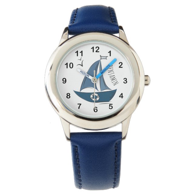 Coastal Nautical Blue Sailboat & Custom Name Watch (Front)