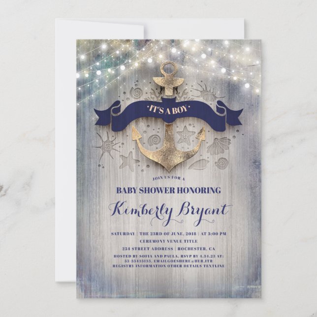 Coastal Nautical Golden Anchor Baby Shower Invitation (Front)