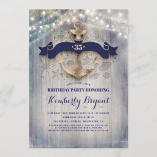Coastal Nautical Golden Anchor Birthday Party Invitation