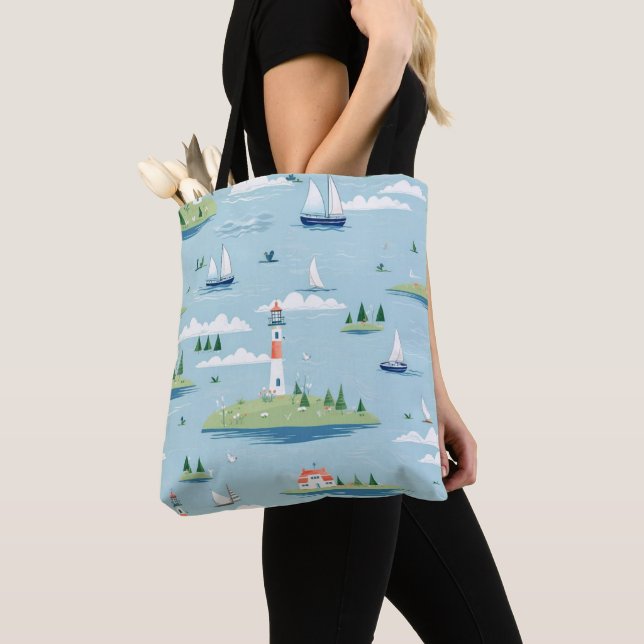 Coastal Nautical Lighthouse Boats Tote Bag (Close Up)