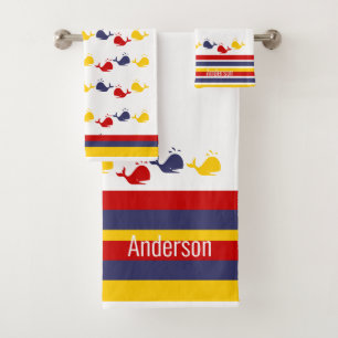  Coastal Nautical Navy BLUE RED YELLOW WHALE   Bath Towel Set